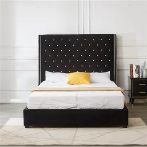 Cama de veludo com asas de móveis, quarto de mobiliário placa de cabeça preta plataforma estofada, cama de cristal profundo, quadro de cama de rainha