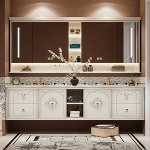 Meuble-lavabo de salle de bain moderne sculpté pour hôtel et villa avec double vasque, <span class=keywords><strong>miroir</strong></span> intelligent et rangement mural – Design élégant - Product Image 1