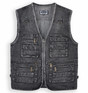 Gilet en jean vintage pour <span class=keywords><strong>homme</strong></span>, style décontracté, <span class=keywords><strong>sans</strong></span> manches, <span class=keywords><strong>col</strong></span> <span class=keywords><strong>roulé</strong></span>, avec plusieurs poches, coupe ajustée - Product Image 2
