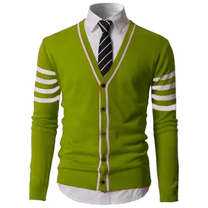 OEM Vintage Cardigan Menswear Knitted Leisure College Sweater Cardigan With Stripes Design Single Breasted V-neck Cotton Men