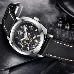 Reloj mecánico Benyar para hombre, esfera esqueleto, caja luminosa de acero inoxidable, correa de cuero negra, resistente al agua hasta 30M - Product Image 4