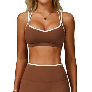Soutien-gorge de sport Lululemon pour femme, col en V, séchage rapide, course à pied, fitness, marron avec bordure blanche, maintien élevé, vêtements de sport, 78 % nylon, 22 % élasthanne - Product Image 1