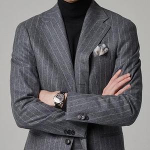 <span class=keywords><strong>Costume</strong></span> en laine gris à fines rayures pour <span class=keywords><strong>homme</strong></span>, tissu flanelle respirant 360g, coupe ajustée, veste croisée, style italien, semi-entoilée, col en V - Product Image 5