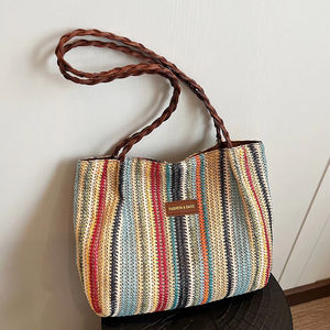 Sac seau tressé en paille style plage pour femme, tendance arc-en-ciel, sac à bandoulière à la mode, idéal pour les vacances d'été - Vente chaude - Product Image 3