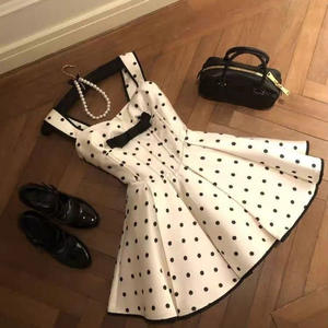 Vestido de cóctel vintage francés de alta calidad con lazo de lunares, estilo princesa, sin tirantes, cintura natural, línea A, para mujer 8595 - Product Image 1