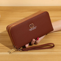 Nouveau portefeuille long pour femme de style coréen avec double fermeture éclair, grande capacité, sacoche pour téléphone, pochette minimaliste tendance en PU à motif litchi