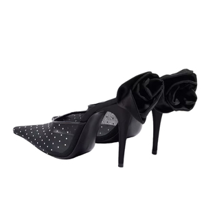 Sandalias de tacón de aguja con punta fina y diseño floral trasero para mujer, talla grande 45, con diamantes, de malla, ajuste ancho, tipo mule y deslizables - Product Image 3