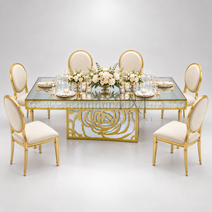 Elegant Gold Stainless Steel <b>Mirrored</b> Glass Dining Table <b>Crystal</b> Trim Floral Pedestal Base for Wedding Banquet - Product Image 5