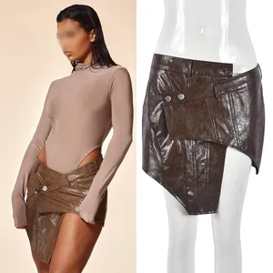 9790dd 2024 Spring New Women's Fashion Miniskirt Pu Leather Asymmetric Wrapped Skirt Plus Size Sexy Skirt Women's Clothes
