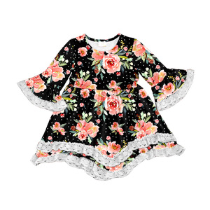 Vestido de Manga Larga con Volantes de Encaje y Estampado para Niña Pequeña, Estilo Campana, Ideal para Fiestas - Product Image 1