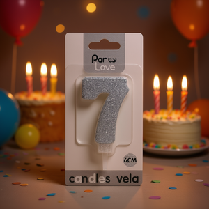 Bougie d'anniversaire numéro 7, paillettes argentées, 6 cm, Party Love - Product Image 3