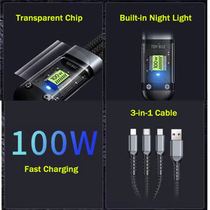 Cable USB-C de Carga Rápida de 100W 3 en 1 con Indicador de Energía Transparente para Teléfonos iPhone y Android con Construcción de Aleación de Aluminio - Product Image 3