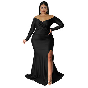 N7749 Abito Sexy da Donna Taglie Forti, Vestito da Club con Scollo a V, Formale, Tinta Unita, con <span class=keywords><strong>Spacco</strong></span> Lungo per Autunno e Inverno - Product Image 6