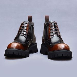Bottes Martin pour hommes à semelles épaisses, style robuste, finition cuir brillant, style anglais, brogues tendance en cuir véritable - Product Image 6