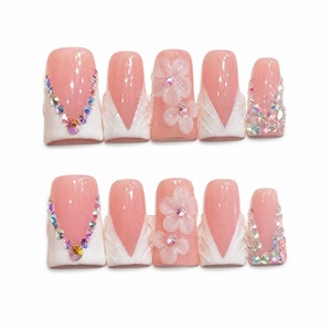 Uñas Postizas Acrílicas de Cobertura Completa en Rosa y Blanco, Diseño de Flores con Pedrería para Dedos - Product Image 1