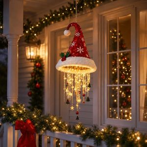 Christmas <b>Lighted</b> Santa Hat Chandelier Warm Led Red Snowflake Holly <b>Berry</b> Decor Indoor Outdoor 3Pc Set - Product Image 4