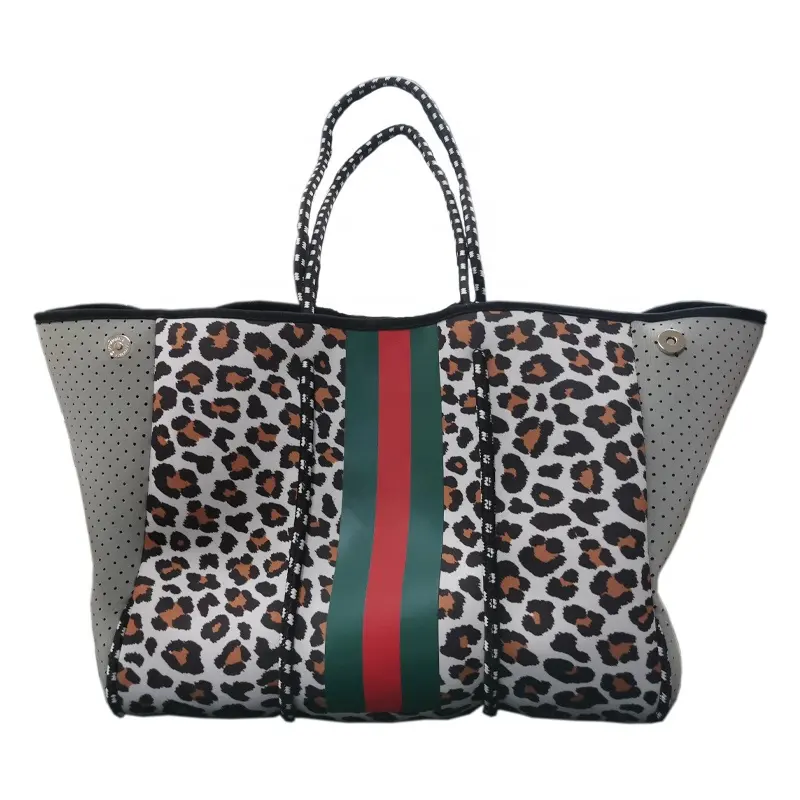 Moda tasarımı neopren tote leopar gri çanta kırmızı yeşil şerit neopren tote leopar