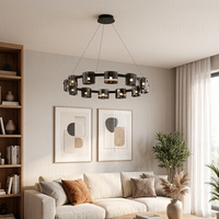 Lustre moderne en fer noir avec anneaux, abat-jour cylindrique en verre fumé, suspension ronde multi-lumières pour salon, salle à manger, hall d'entrée