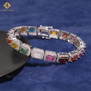 925 Sterling Silver VVS Moissanite <b>Rainbow</b> Emerald Cut Tennis <b>Bracelet</b> Halo Setting Colorful Gemstone Iced Out Geometric Jewelry - Product Image 1