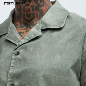 ชุดเซ็ตเสื้อเชิ้ตคอปกพับติดกระดุมและกางเกงขาสั้นคาร์โก้ผ้าฝ้ายแท้ 100% ทรงพลัสไซส์ ล้างสีแบบแอซิดวอช สำหรับผู้ชาย ผลิตตามแบบ OEM - Product Image 6