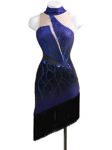 Nouvelle Robe de Danse Latine Noire et Bleue pour Femme 2026, Entièrement Ornée de Diamants, Coupe Ajustée, à Franges, pour Performance Professionnelle Adulte, en Soie/Coton, En Stock - Product Image 1