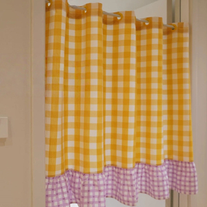 Tenda Corta Classica a Quadretti Gialli con Occhielli, Divisorio <span class=keywords><strong>per</strong></span> Cucina, Piccole <span class=keywords><strong>Tende</strong></span> con Orlo Inferiore Viola - Product Image 6