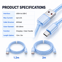 Câble de charge rapide USB-A vers USB-C 5A Ice Crystal avec connecteur renforcé et gaine en nylon tressé – Vente en gros