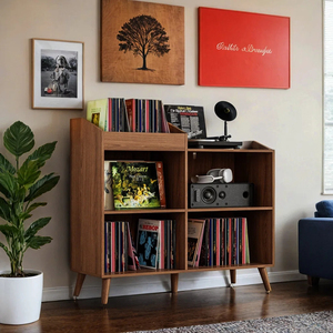 Low-Profile Asymmetrical <b>Record</b> Player <b>Stand</b> CARB Certified 400 Vinyl Capacity 5V/2A USB Charging Mid Open Grid Console - Product Image 1
