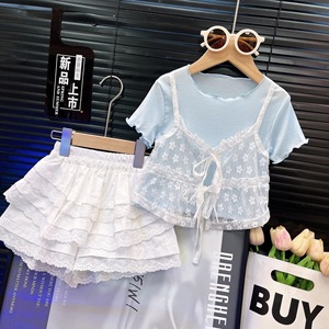 Completo estivo 2026 per bambine: top a maniche corte e pantaloncini in pizzo, tinta unita, per bambine piccole e carine - Product Image 6