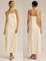 Nouvelle Arrivée Été 2026 USA Australie : Robe Midi Crème Sans Bretelles en Mousseline Florale avec Volants Verticaux et Nœud à Nouer au Dos – Grande Vente