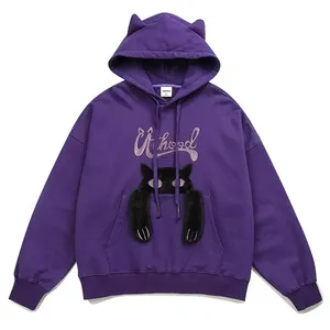 GUUKA Purple Heavy Hooded Cat Ears Hoodie Men Pure Cotton Thickened New Couple Silhouette Hoodie Women Loose Print Pattern