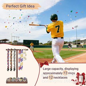Wooden Baseball <b>Ring</b> Stand Desktop Jewelry Display Rack For 12 <b>Rings</b> And 12 <b>Necklaces</b> Modern Simple Design Retro Color - Product Image 1