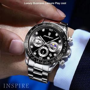 นาฬิกาข้อมือสแตนเลสสำหรับผู้ชาย, นาฬิกาควอทซ์สแตนเลสกันน้ำส่องสว่างนาฬิกาโครโนกราฟสำหรับผู้ชาย - Product Image 5