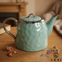 Luxuriöse Keramik-Teekanne mit Goldrand und Deckel, Glänzende Gehämmerte Porzellan-Teekanne für Nachmittagstee, Kaffeekanne, Wohndekor-Geschenk