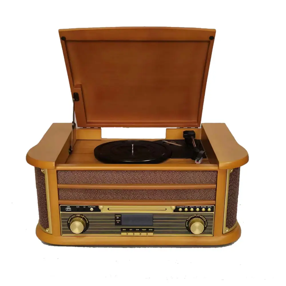 Gramofon pemutar meja putar, kayu Retro dengan perekaman LP CD radio USB SD AUX fungsi