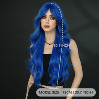 Wig rambut panjang keriting gaya natural warna biru tua ala selebgram, rambut sintetis tahan panas tinggi, dapat di-Perm.