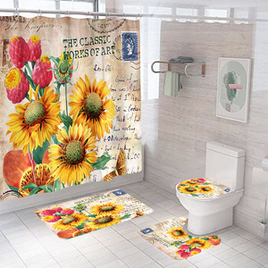 Vendita calda nuovo arrivo girasole bagno tessuto stampa personalizzata antiscivolo tappetino <span class=keywords><strong>da</strong></span> bagno e tenda <span class=keywords><strong>da</strong></span> doccia Set 4 pezzi tenda <span class=keywords><strong>da</strong></span> doccia - Product Image 4