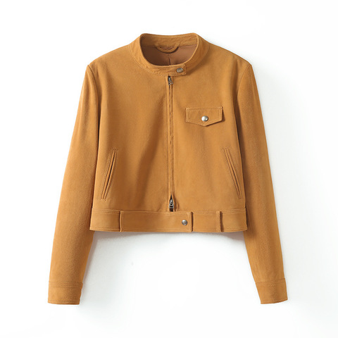 4181 Trendy Clothes Suede Coat Short Style Mandarin Collar Sheepskin Suede Jacket for Women Ladies