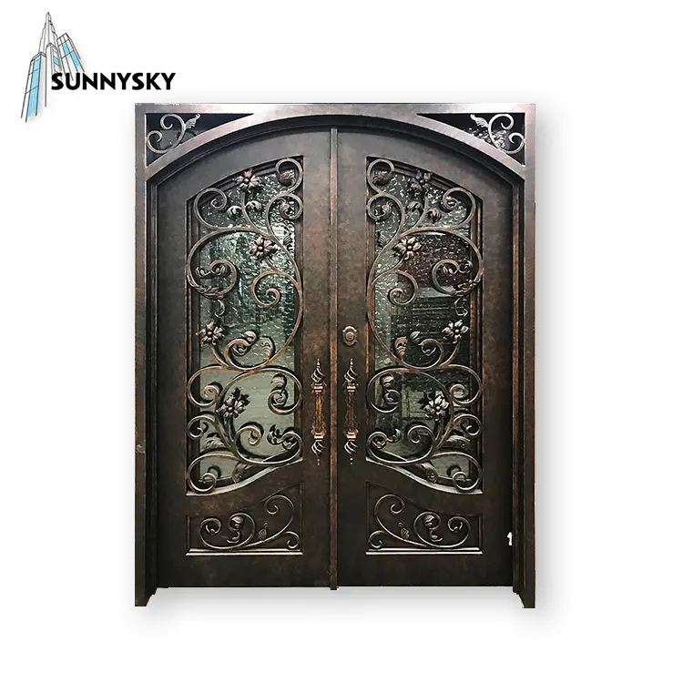 Puertas de hierro forjado para interior y exterior, diseño de lujo, redondo, doble cristal, para villa y hogar
