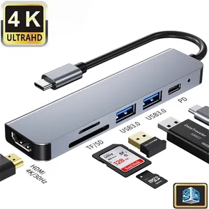 5 6合1 C型至HDMI USB 3.0集线器C型高清电视适配器扩展坞4K HDMI TF sd卡读卡器87W PD充电