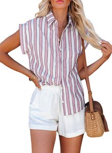 Blus Wanita Diskon Besar Garis Hitam Putih Kantor Wanita Elegan Bergaris Lengan Pendek Kancing Tunggal - Product Image 4