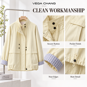 VEGA CHANG Damen Cremegelbe Stehkragen-Freizeitparka-Jacke mit Verstellbarem Saum, Karierter Manschette, Futter, Reißverschluss und Knöpfen - Product Image 3