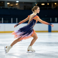 Robe de patinage et de danse pour enfants et adultes, dégradé orange et violet, manches à volants, jupe asymétrique avec strass, pour compétition et spectacle de patinage sur glace
