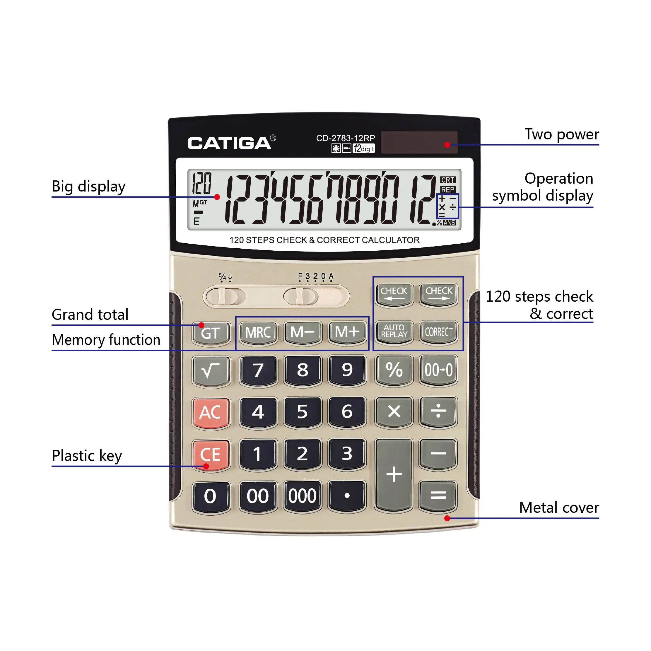 Calculatrice électronique à 12 chiffres avec 120 étapes de vérification et de correction du couvercle métallique Calculatrice solaire CATIGA