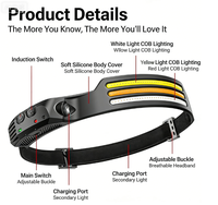 Lampe frontale portable super lumineuse et étanche avec capteur de mouvement, rechargeable par USB, LED COB pour le camping, la plongée et la pêche