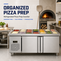 Station de préparation de pizzas commerciale avec plan de travail en marbre, réfrigérateur 2 portes à refroidissement par air, table de travail en acier inoxydable 304 avec bacs GN