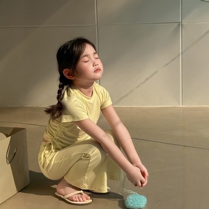 Tenue deux pièces pour enfants filles, couleur unie, avec cordon de serrage, manches courtes, pantalon évasé, pour le printemps et l'automne - Product Image 2