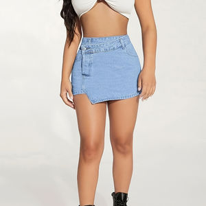 Shorts-<span class=keywords><strong>jupe</strong></span> taille haute en <span class=keywords><strong>jean</strong></span> pour femme, coupe trapèze, irrégulier, vente en gros, personnalisable - Product Image 1