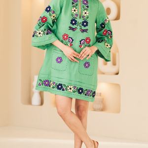 Vestido de Lino y Algodón Bordado Personalizado, Elegante, Cuello en V, Casual, Manga Corta, Midi, Vestido de Verano para Mujer - Product Image 6