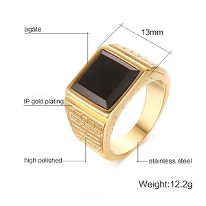 Tempusort 패션 쥬얼리 고광택 블랙 마노 스톤 인레이 골드 도금 스테인레스 스틸 반지 남성용 - Product Image 6